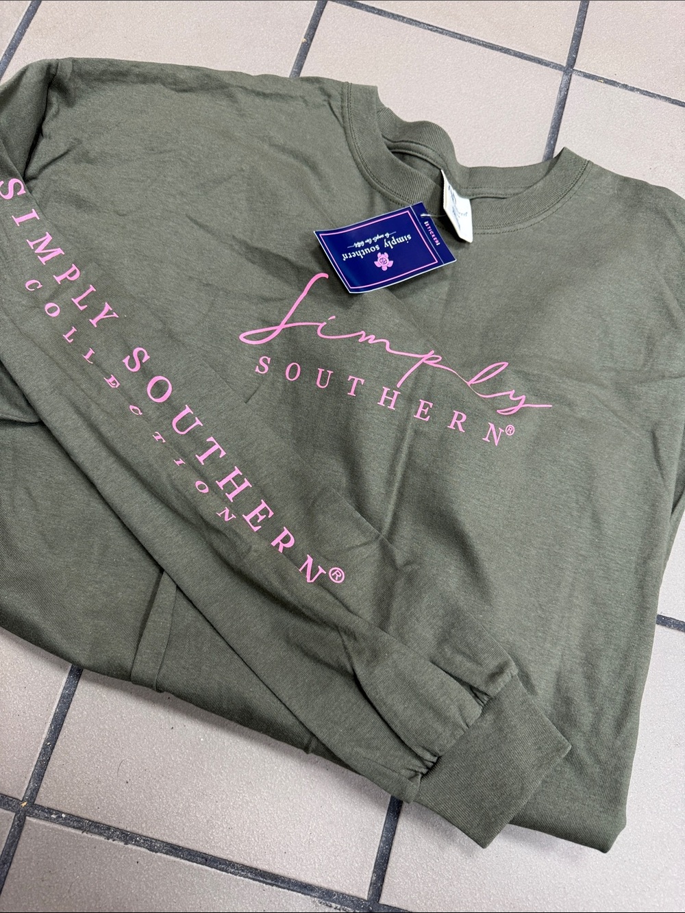 Simply Southern Olive Green Long Sleeve Shirt with Pink Script